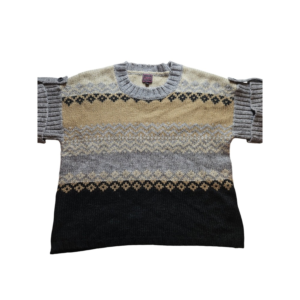 Colour Works Womens Fair Isle Short Sleeve Knit Sweater Grey Tan Black Small